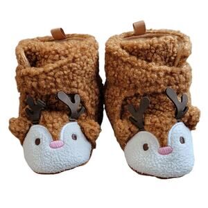 Cat & Jack Reindeer Slippers Sz 6/9M Brown Faux Fur Crib‎ Shoes Christmas Baby